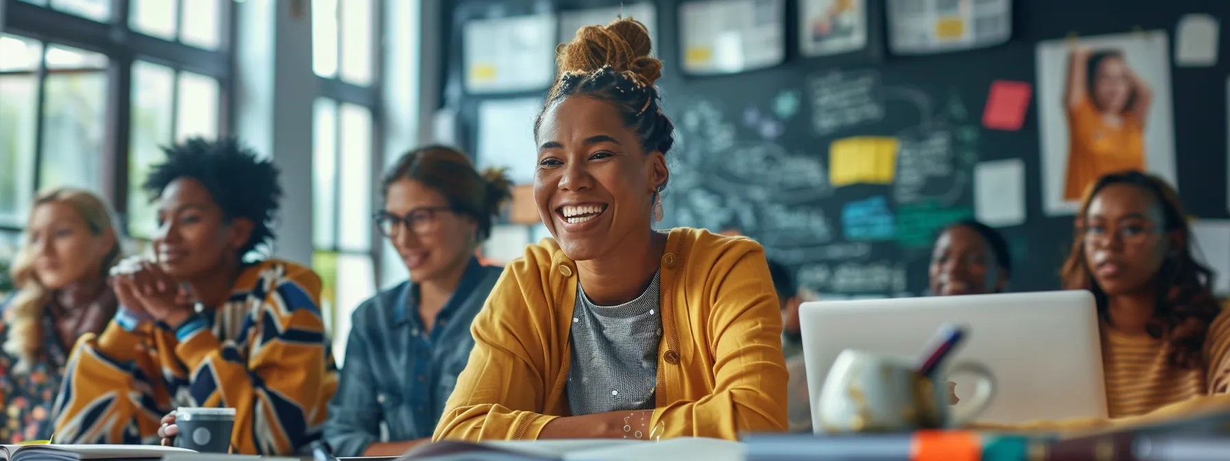 a vibrant scene captures a diverse group of individuals engaged in an online workshop, surrounded by books and motivational posters, radiating enthusiasm and collaboration as they embark on their journey of self-improvement.