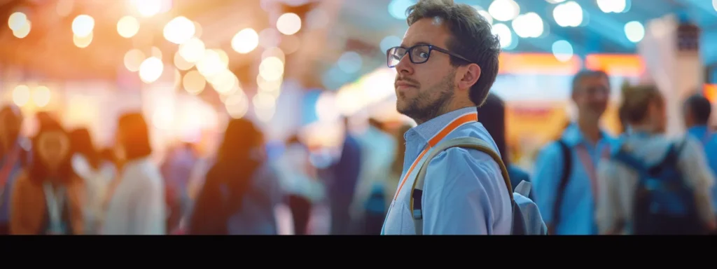 a focused healthcare professional stands confidently in a bustling career fair, surrounded by vibrant booths and engaging conversations, embodying the dynamic energy of job searching in the healthcare field.
