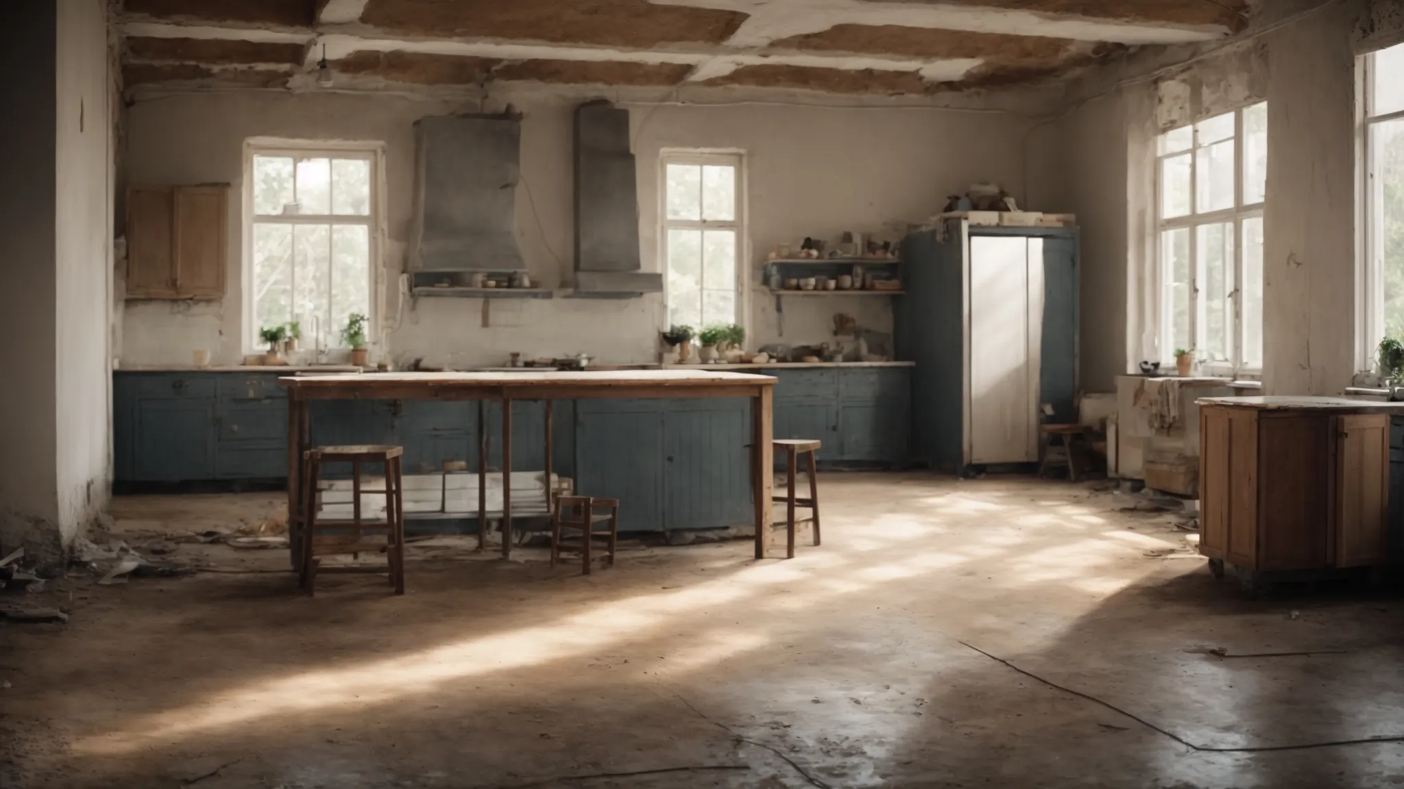 a wide, empty kitchen space awaits renovation, with exposed walls and floors prepared for transformation.