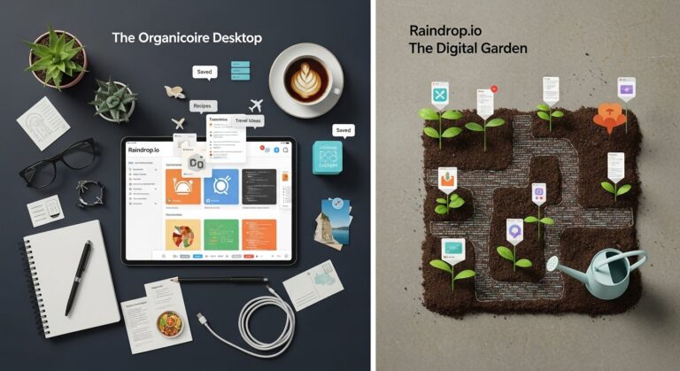 Illustration for Raindrop.io review showing bookmark manager interface and productivity icons