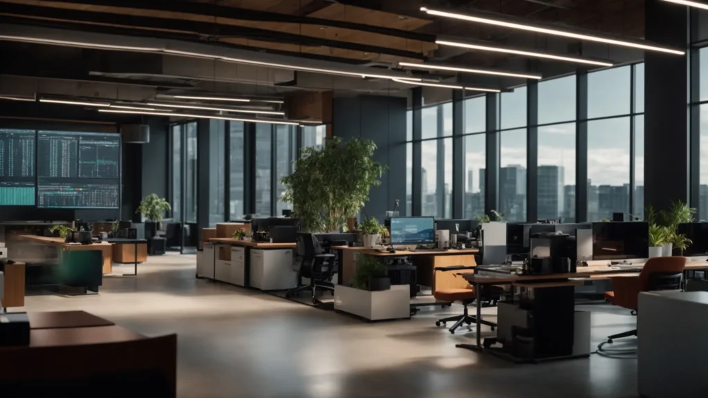 a visually striking office scene showcases a sleek, modern workspace filled with vibrant technology and digital resources, emphasizing the efficiency and advantages of subscription software licensing through illuminated screens and organized software management tools.
