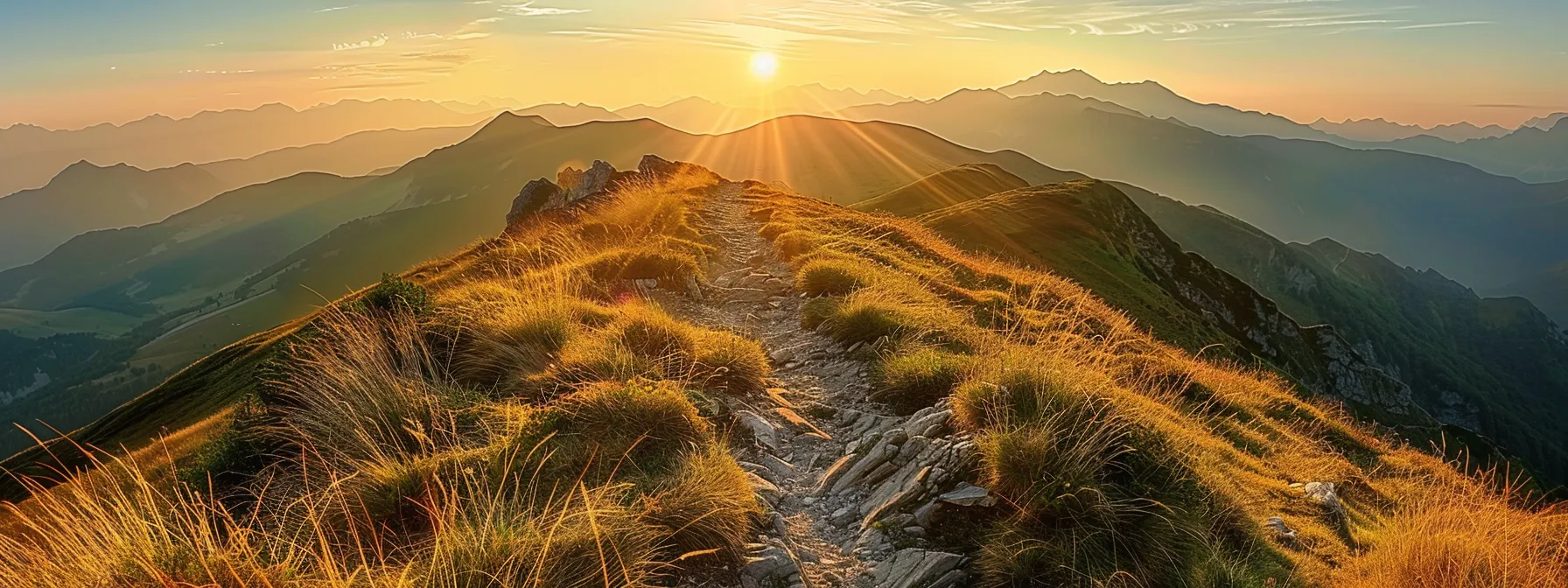 a vibrant sunrise spills golden light over a rugged mountain path, symbolizing the journey of embracing challenges as stepping stones to personal growth and resilience.