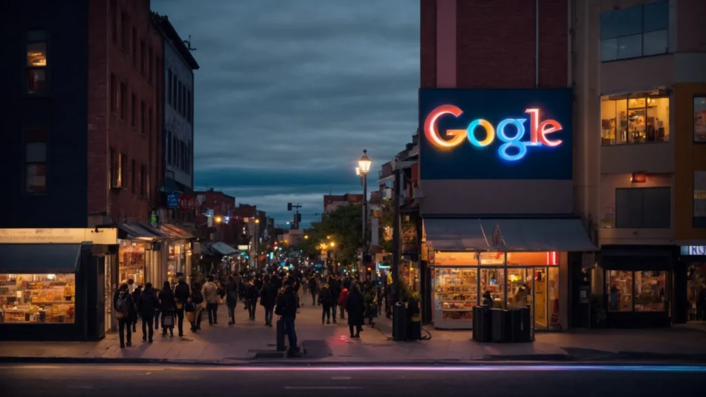 a vibrant and dynamic cityscape at dusk, featuring a prominent storefront emblazoned with a welcoming google my business sign, surrounded by bustling pedestrians and glowing local advertisements that highlight the essence of community engagement and vibrant local seo success.