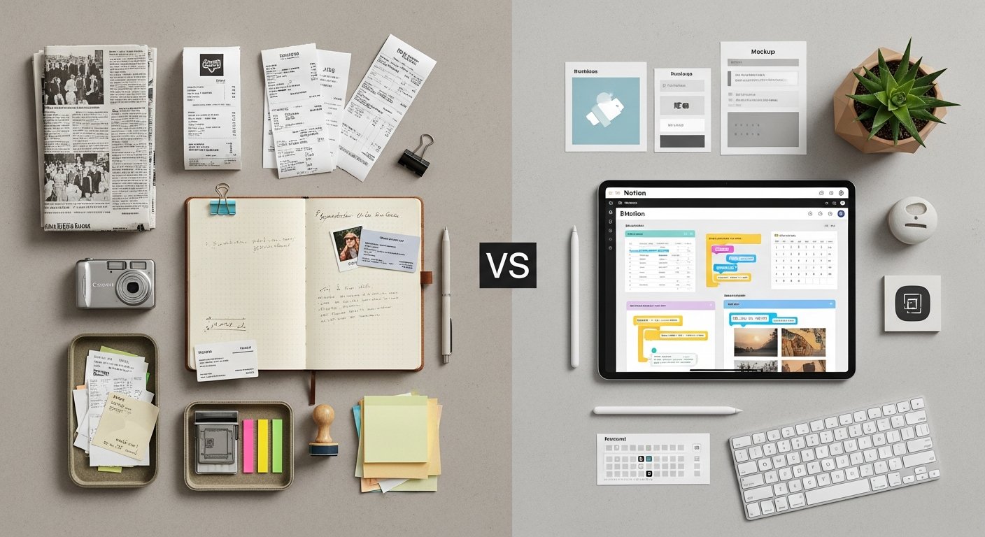 Illustration comparing Notion and Evernote for personal knowledge management (Tech & Digital Productivity)