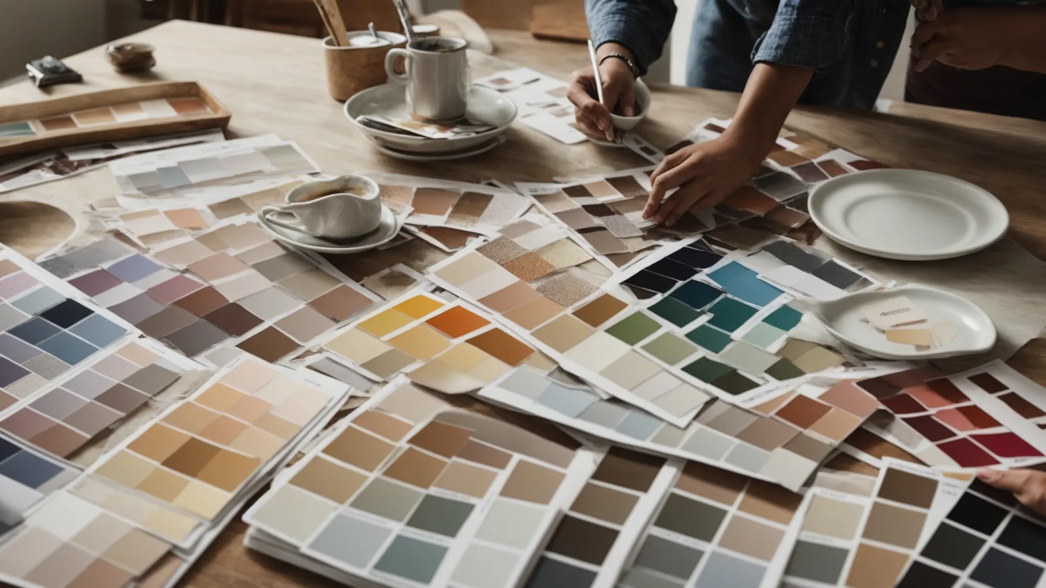 a person thoughtfully examines swatches of countertop materials and paint colors spread across a kitchen table, considering their options.
