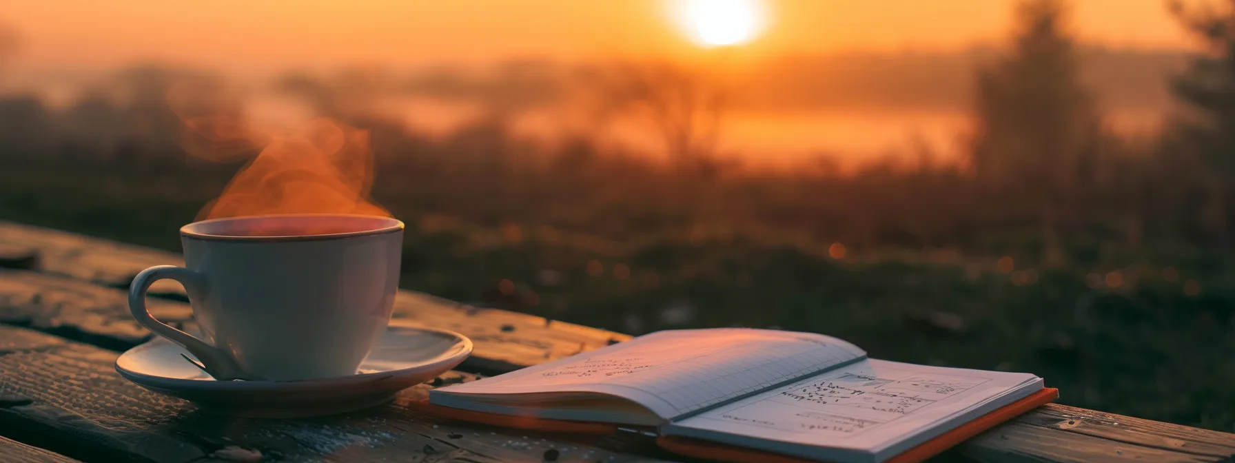 a serene sunrise illuminates a peaceful landscape, symbolizing personal growth and positivity, with a journal and a steaming cup of tea resting on a wooden table, inviting reflection and self-improvement.