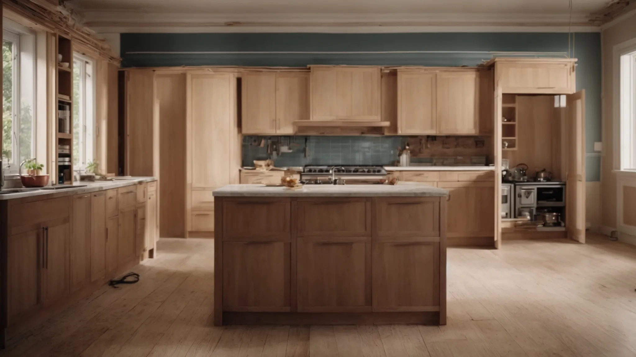 a kitchen under renovation with unfinished cabinets and exposed wiring, highlighting the ongoing work and potential unseen costs.