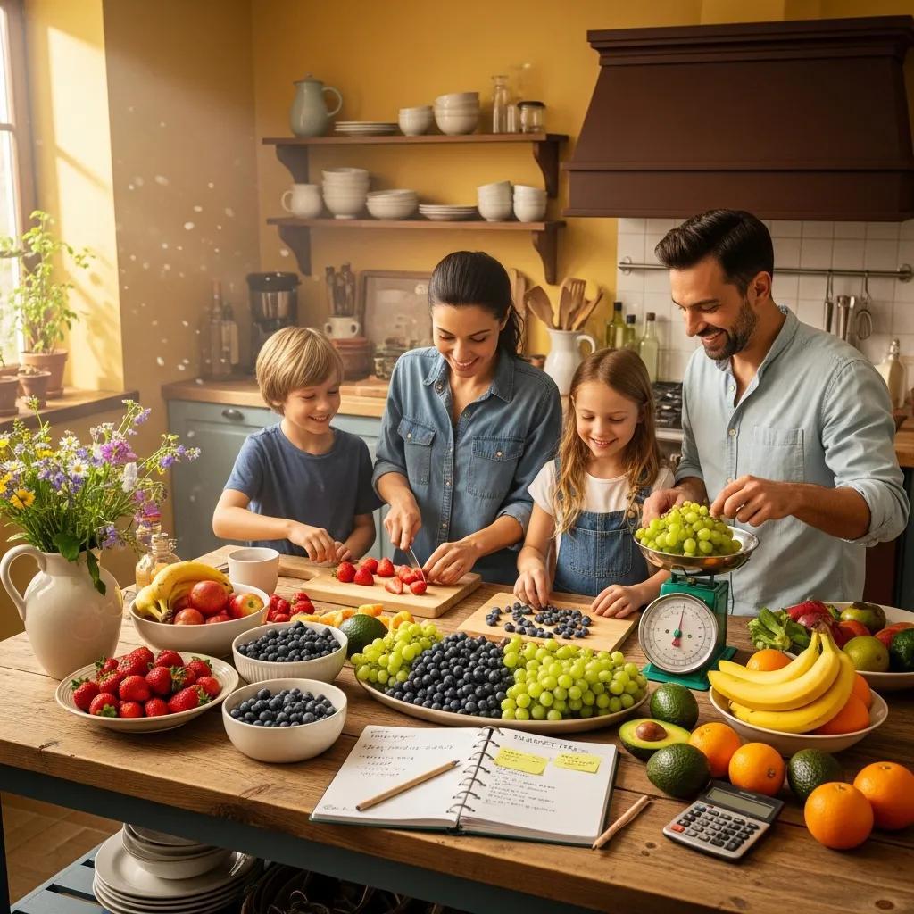 Family budgeting for organic fruit shopping in a cozy kitchen with seasonal fruits and a planner