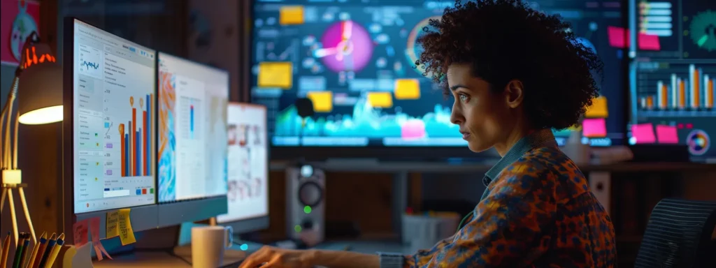 a person meticulously analyzing keyword data on a computer screen, surrounded by colorful sticky notes with various keywords and strategies for saas seo optimization.
