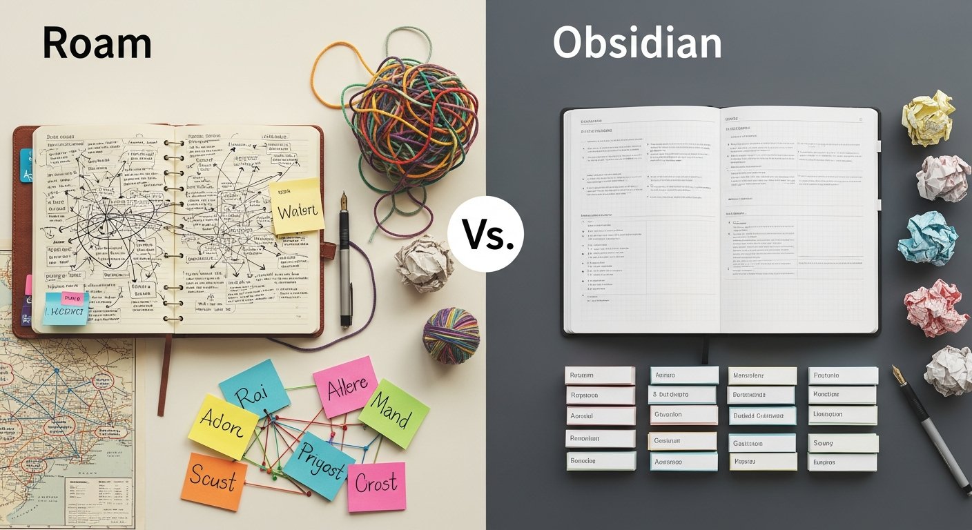 Illustration comparing Roam Research and Obsidian note-taking apps for tech and digital productivity