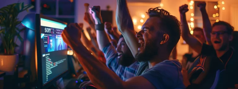 a group of tech developers celebrating in front of a computer screen displaying the searchatlas website.
