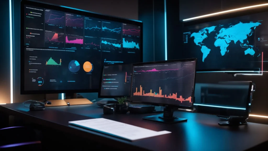 a futuristic small business office, illuminated by soft ambient light, showcases a sleek digital dashboard filled with vibrant graphs and analytics, symbolizing the integration of advanced ai tools revolutionizing seo strategies for entrepreneurs.