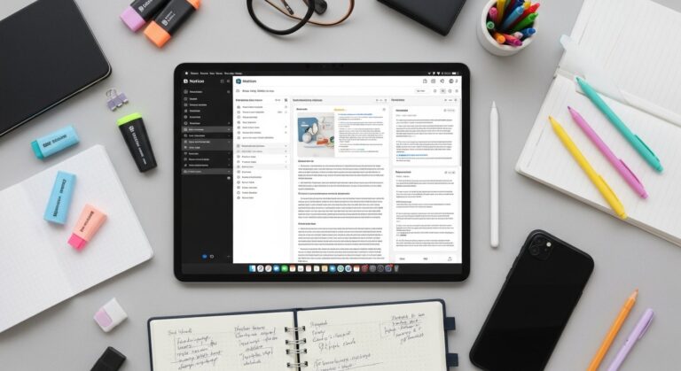 Illustration of a student using note-taking apps on a tablet and laptop — Tech & Digital Productivity