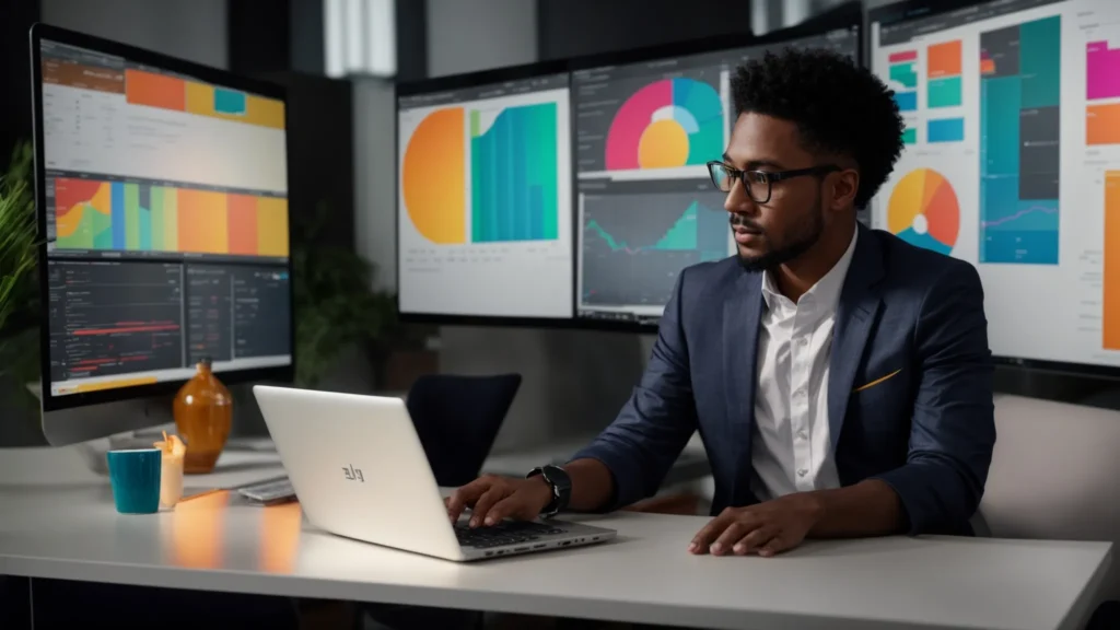 a vivid close-up of a small business owner thoughtfully analyzing data on a sleek laptop, surrounded by colorful graphs and charts, symbolizing strategic seo decision-making in a bright, modern office space.