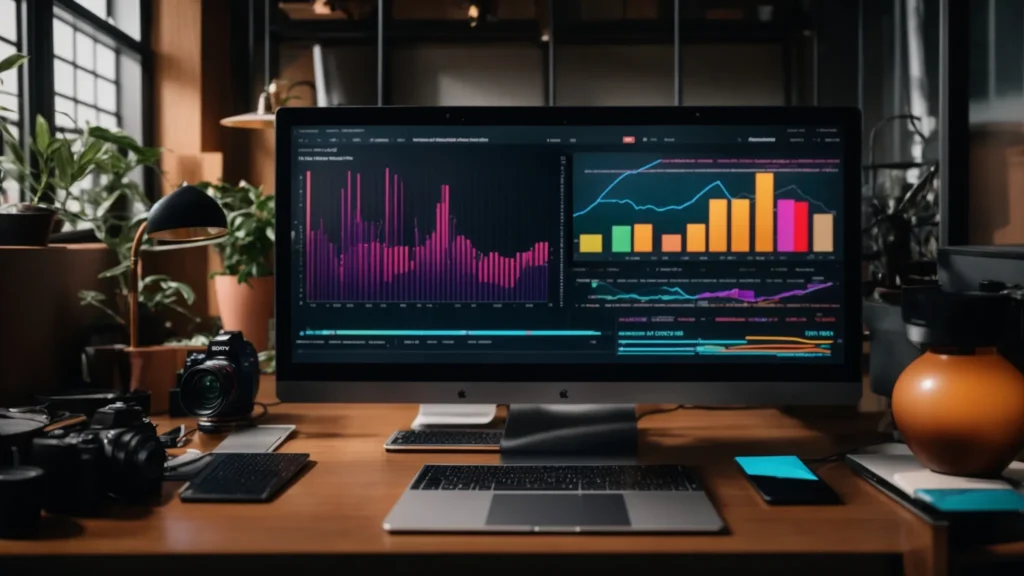 a vibrant digital workspace filled with sleek devices and colorful graphs illustrates the dynamic process of customizing seo strategies, emphasizing the integration of innovative tools for small businesses.