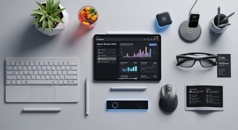 Featured illustration for Notion review 2026 showing a digital workspace and productivity app interface