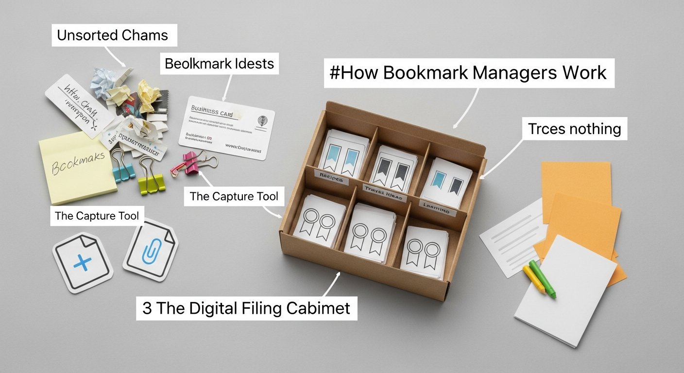 Illustration of a bookmark manager interface organizing saved links into folders, tags, and synced devices