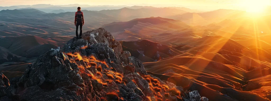 a determined individual stands atop a mountain peak, bathed in golden sunrise light, symbolizing triumph over challenges with a panoramic view of the vast landscape representing limitless potential.