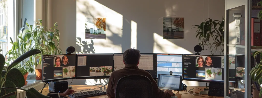 a person analyzing keyword integration data on multiple computer screens in a bright, modern office setting.