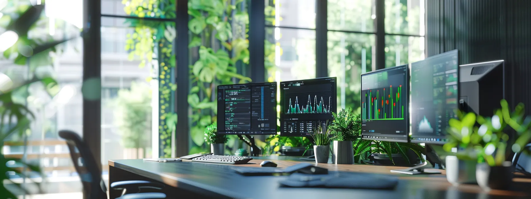 a modern office space features a sleek desk with multiple screens displaying vibrant global seo analytics and multilingual content optimization tools, highlighting the dynamic nature of international digital marketing.