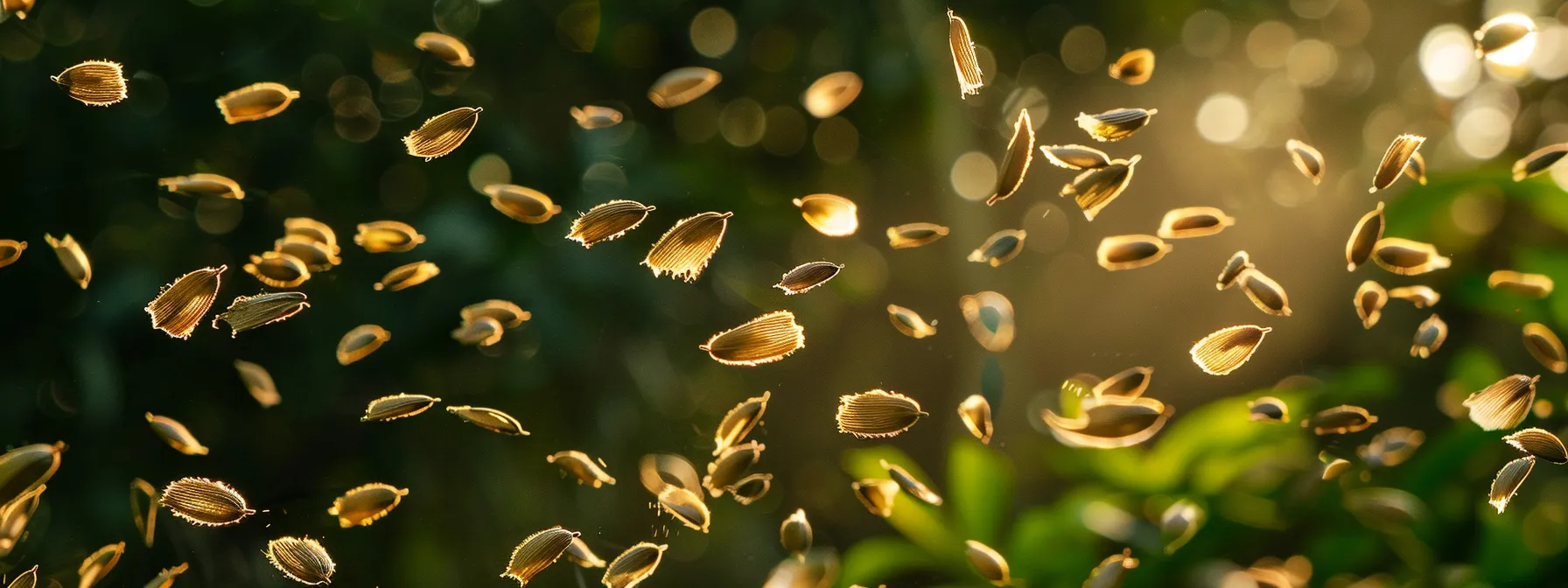 seeds flying through the air, carried by the wind.