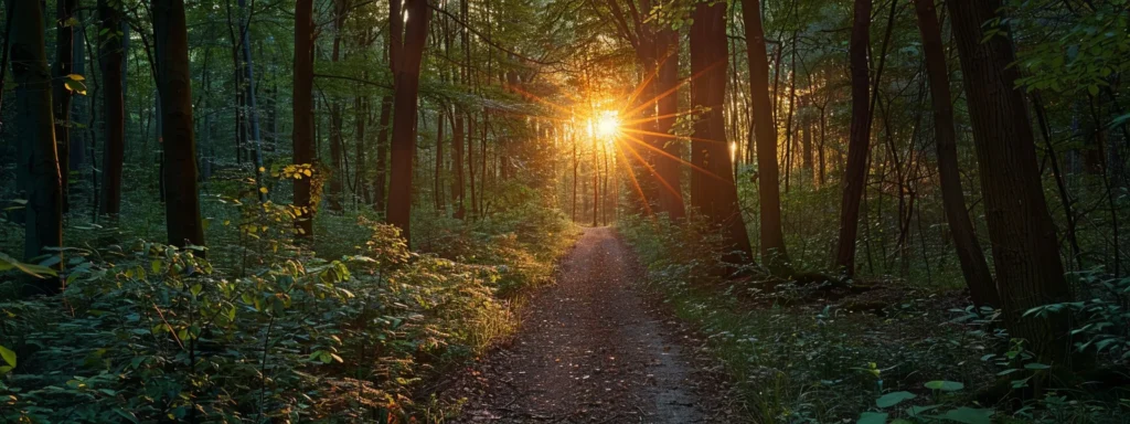 a serene sunrise illuminates a path through a tranquil forest, symbolizing the journey of goal setting with vibrant colors reflecting hope and potential for success.