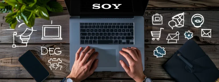 a person using a laptop surrounded by various seo tools on the screen.