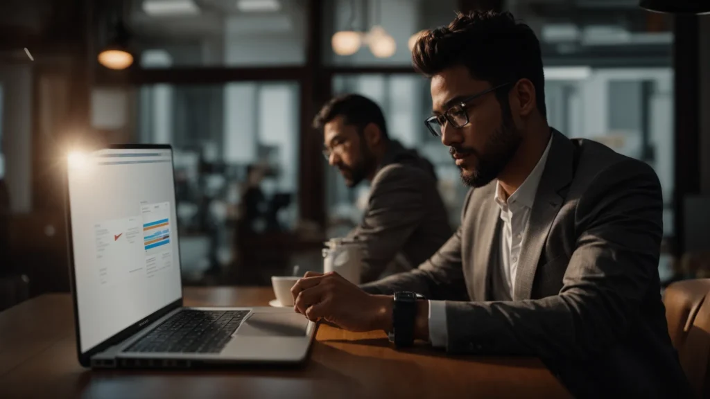 a dynamic scene depicting a small business owner analyzing cost-effective seo tools on a sleek laptop, bathed in warm natural light, surrounded by digital marketing charts and graphs that symbolize growth and visibility.