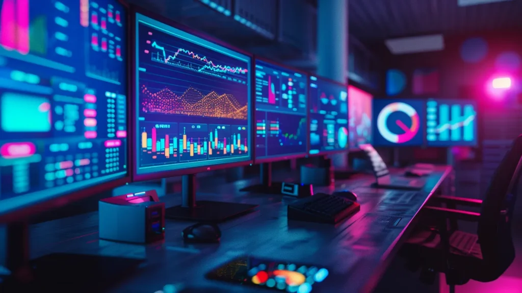 a dynamic workspace filled with vibrant screens displaying colorful graphs and analytics, symbolizing the powerful impact of essential seo tools on small business growth and digital visibility.