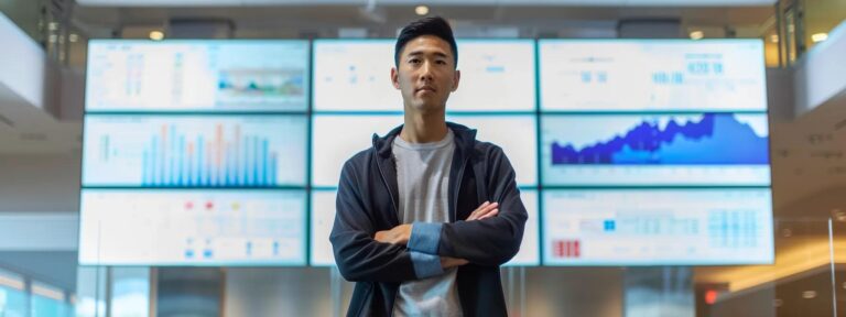 a confident young ceo stands in front of a sleek, modern office backdrop, passionately discussing software licensing models while surrounded by digital displays showcasing seo analytics and google ranking insights.