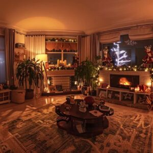 a cozy living room adorned with twinkling lights, ornaments, and a beautifully decorated christmas tree, creating a warm and festive atmosphere to celebrate the holiday season.