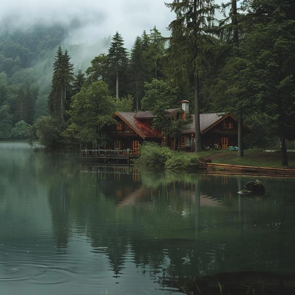 Rustic wooden house with deck on a calm lake, surrounded by foggy evergreen forest.