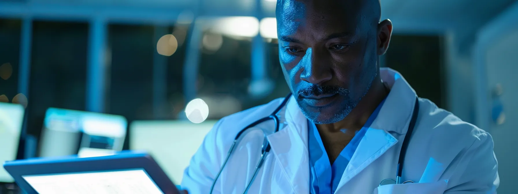 a focused healthcare professional reviews digital patient records on a sleek tablet.