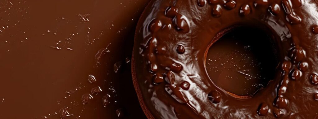 a delectable close-up of a rich chocolate donut, glistening with a velvety glaze, is set against a soft, neutral background that highlights its indulgent texture and inviting appeal.
