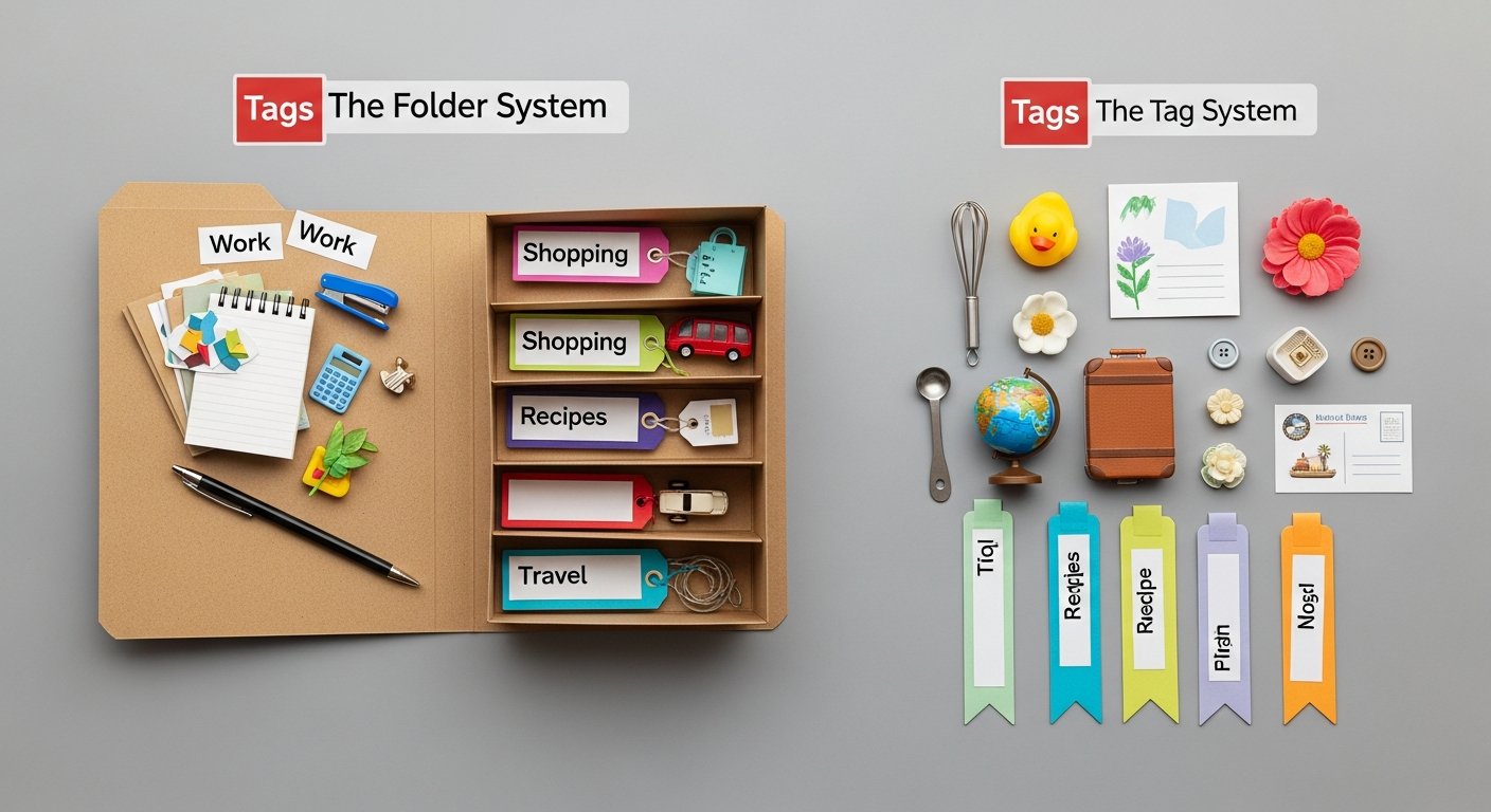 Featured illustration comparing tags vs folders for organizing browser bookmarks (Tech & Digital Productivity)