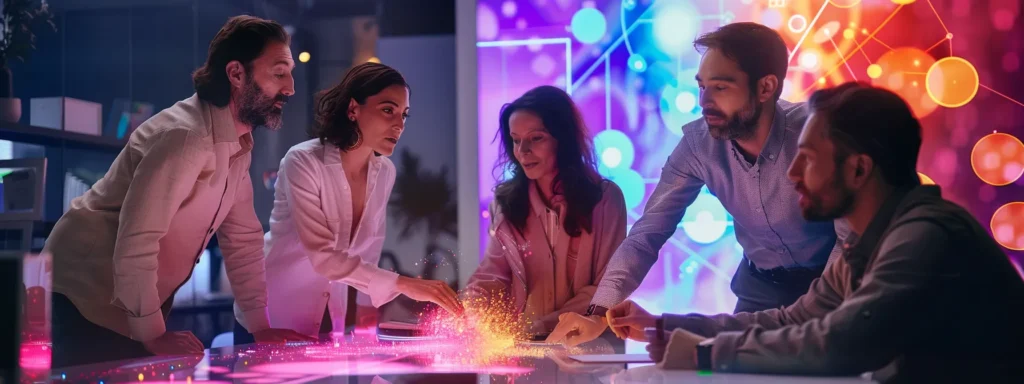 a dynamic team of professionals collaborating around a sleek digital workspace, vibrant data visuals illuminating their focused expressions, symbolizing strategic insights and marketing success.