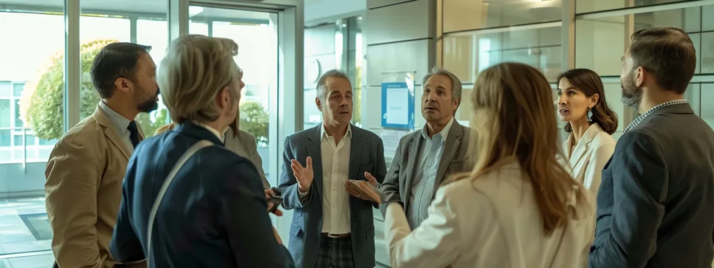 a group of business professionals gathered around a large anchor discussing the benefits of integrating smart thermostats with hvac systems.