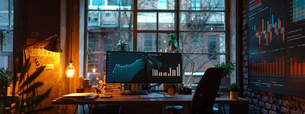a dynamic, visually engaging workspace filled with vibrant charts and digital marketing tools, illuminated by soft natural light streaming through large windows, symbolizing the diverse and evolving landscape of digital marketing costs.
