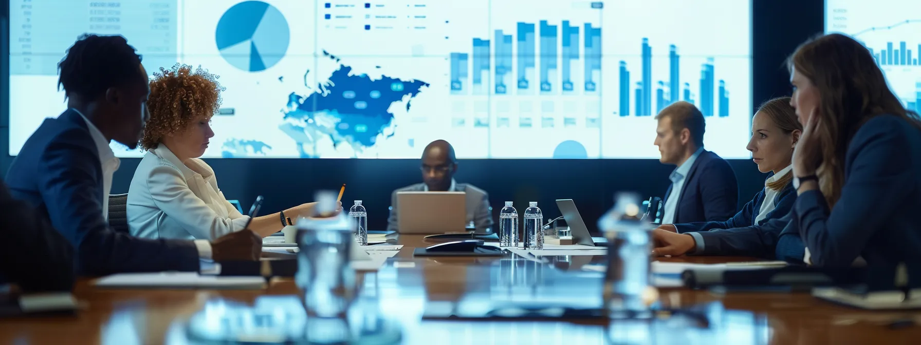 business professionals gathered around a conference table, analyzing charts and graphs displayed on a large screen.