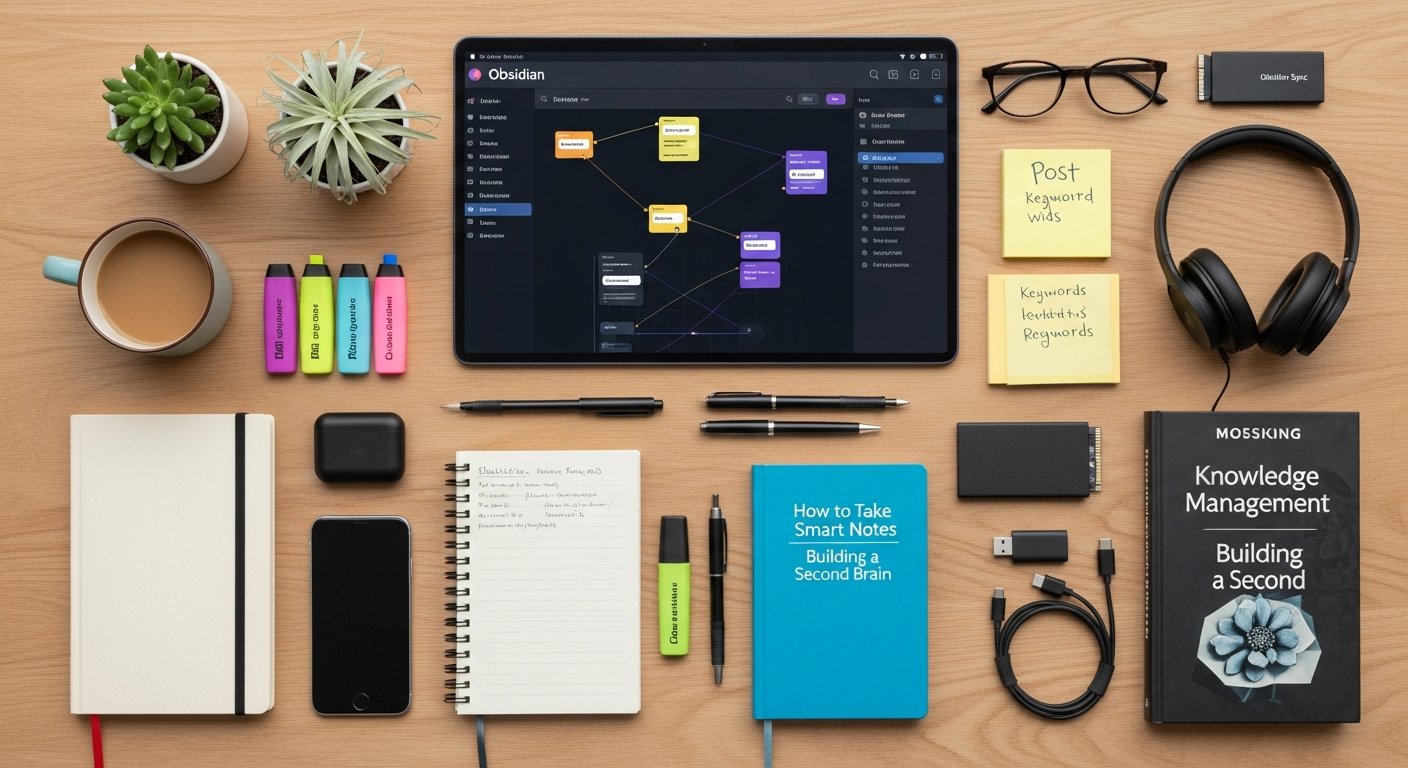 Header illustration for Obsidian note-taking app review showing app interface, notes, and productivity icons