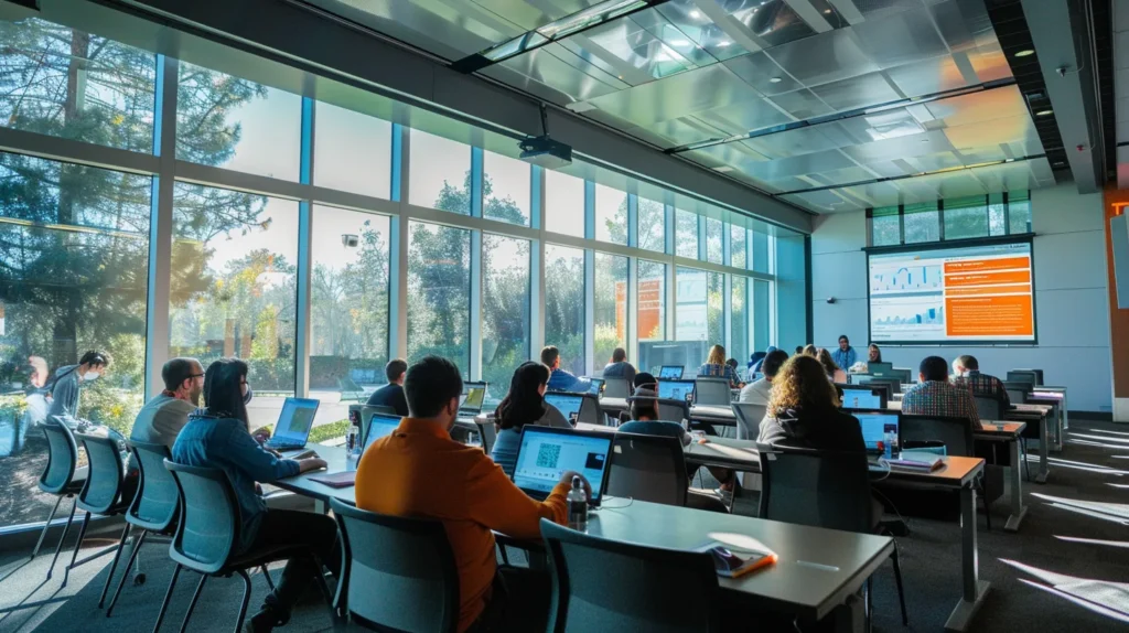 a vibrant classroom filled with eager learners engaged in a dynamic seo training session, surrounded by digital screens displaying analytics and strategy topics, illuminated by soft natural light filtering through large windows.
