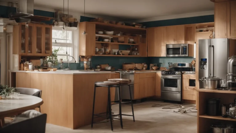 a kitchen with outdated appliances and cabinetry, surrounded by construction tools and materials, illustrating a space in the process of renovation.