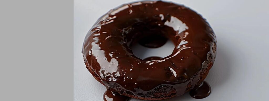 a visually striking close-up of a decadent chocolate donut, highlighting its glossy surface and rich texture, set against a stark white background to emphasize the hidden health concerns and temptations of indulgence.
