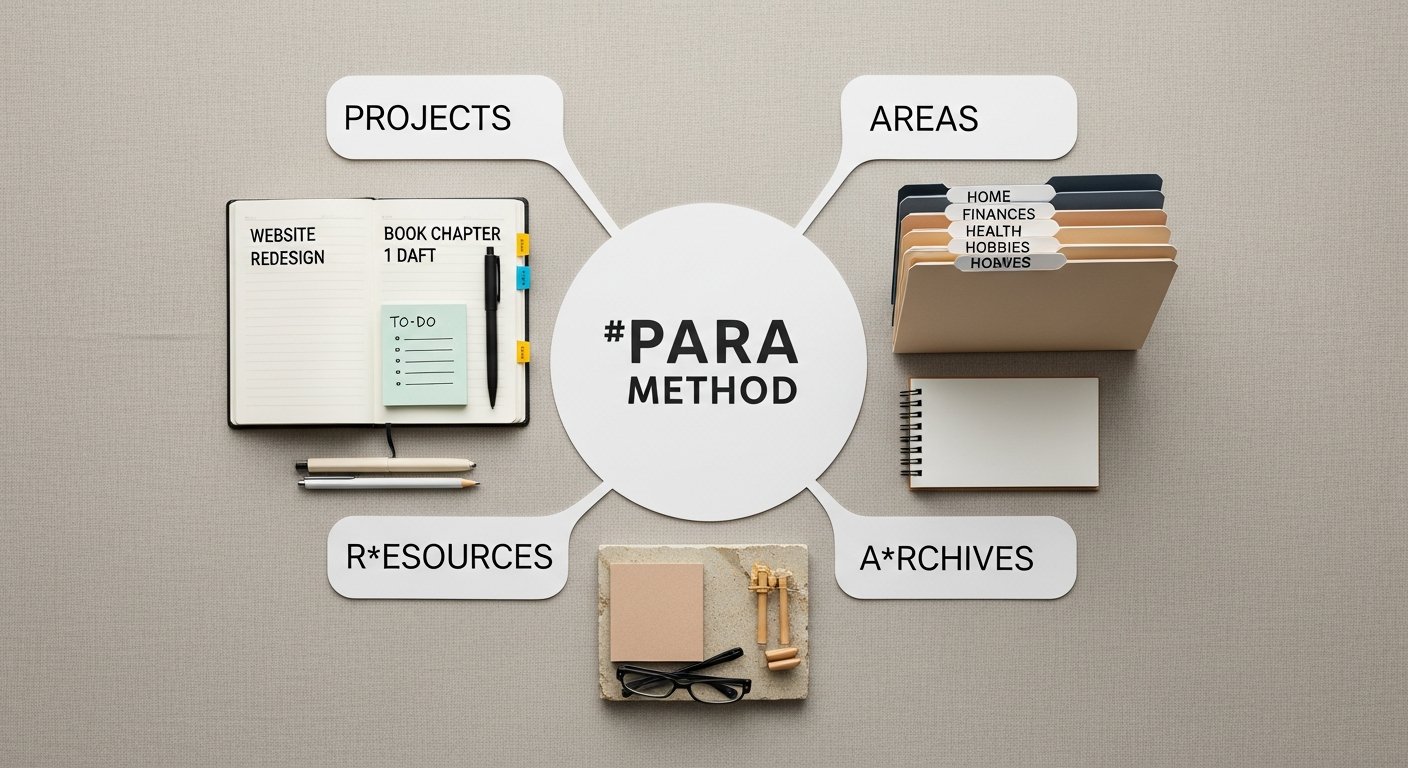 Illustration of the PARA method folders for digital productivity (Projects, Areas, Resources, Archives)