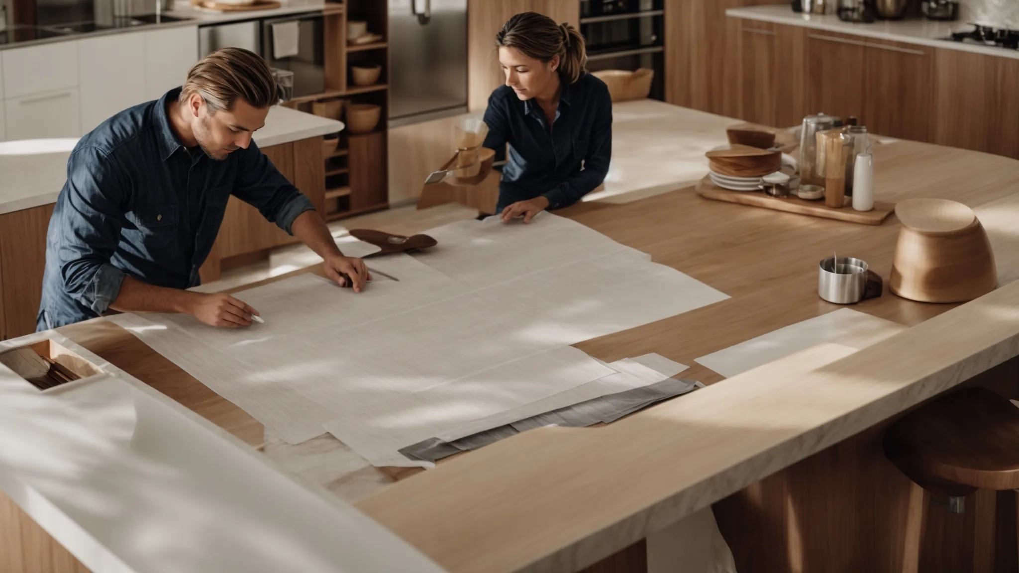 a designer and homeowner discussing plans over a kitchen island with material samples spread out in front of them.