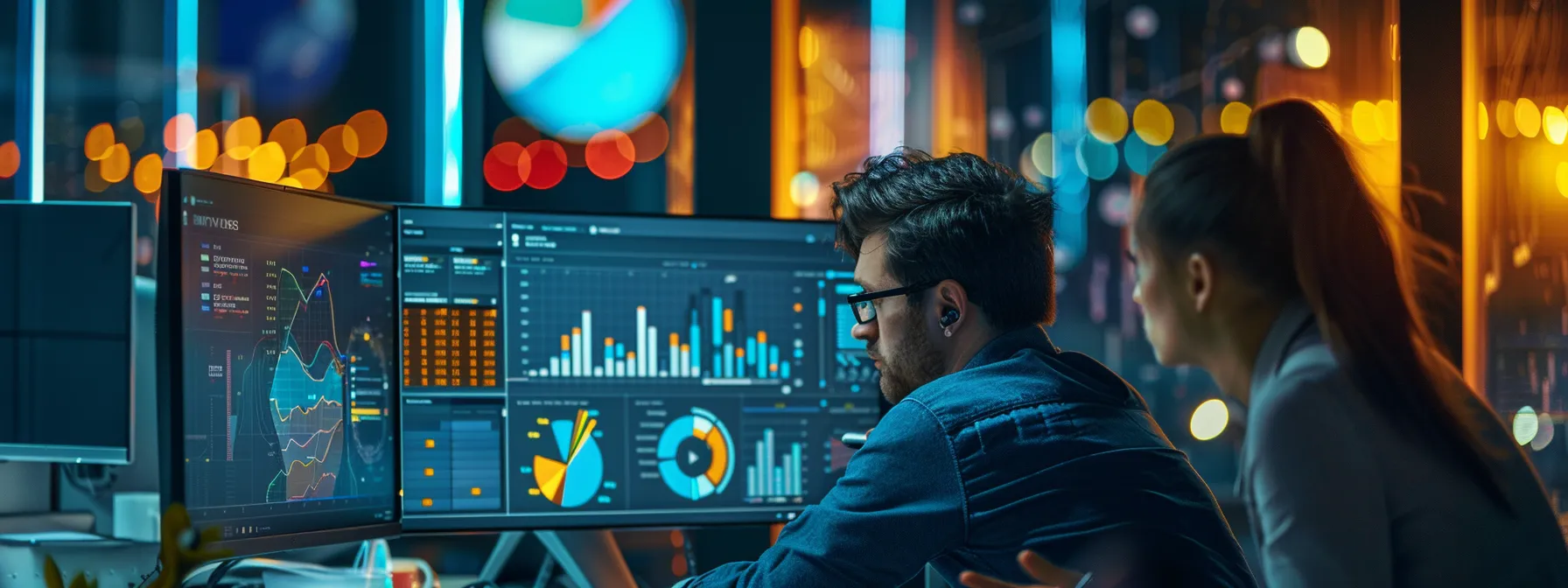 a team of marketers analyzing data and discussing strategies around a computer screen displaying seo insights.