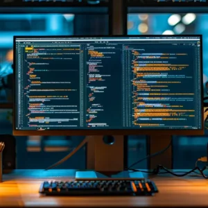a sleek computer screen displaying intricate web tracking algorithms in a dimly lit room.