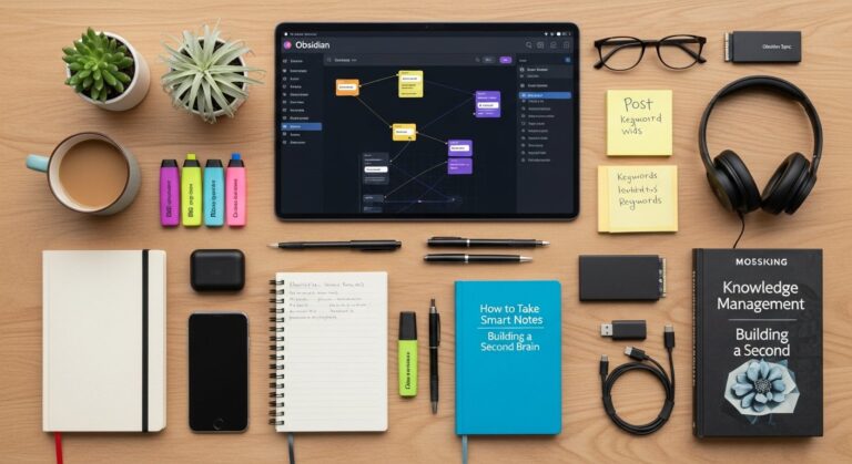 Header illustration for Obsidian note-taking app review showing app interface, notes, and productivity icons