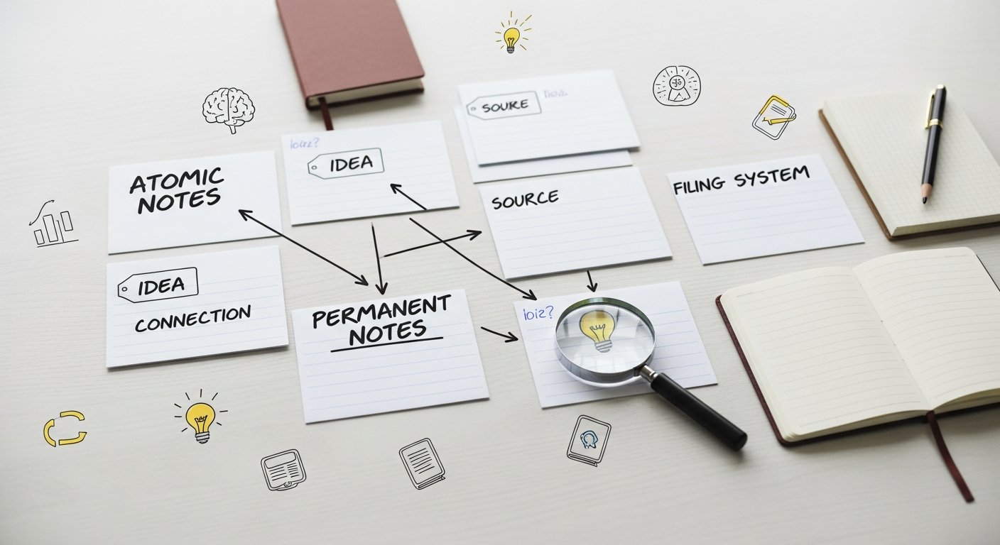 Illustration of Zettelkasten note cards and digital organization interface for tech and productivity