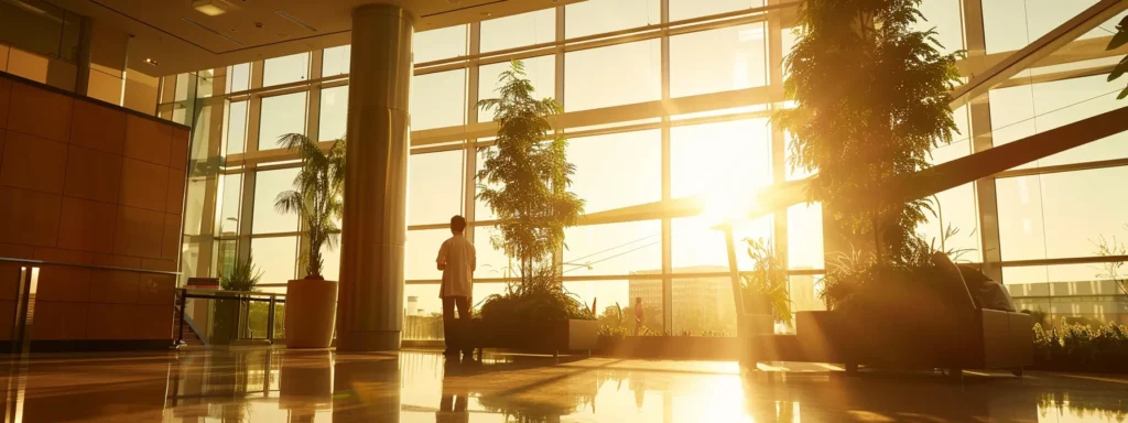 a dynamic healthcare professional confidently collaborates with a diverse team in a modern hospital setting, showcasing essential soft skills and technical expertise, illuminated by bright, natural light streaming through large windows.